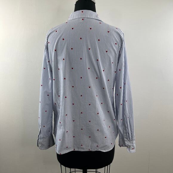 Talbots Blue White Red Top Cotton Striped Heart Collared Button-Up Size Small S - Picture 7 of 10